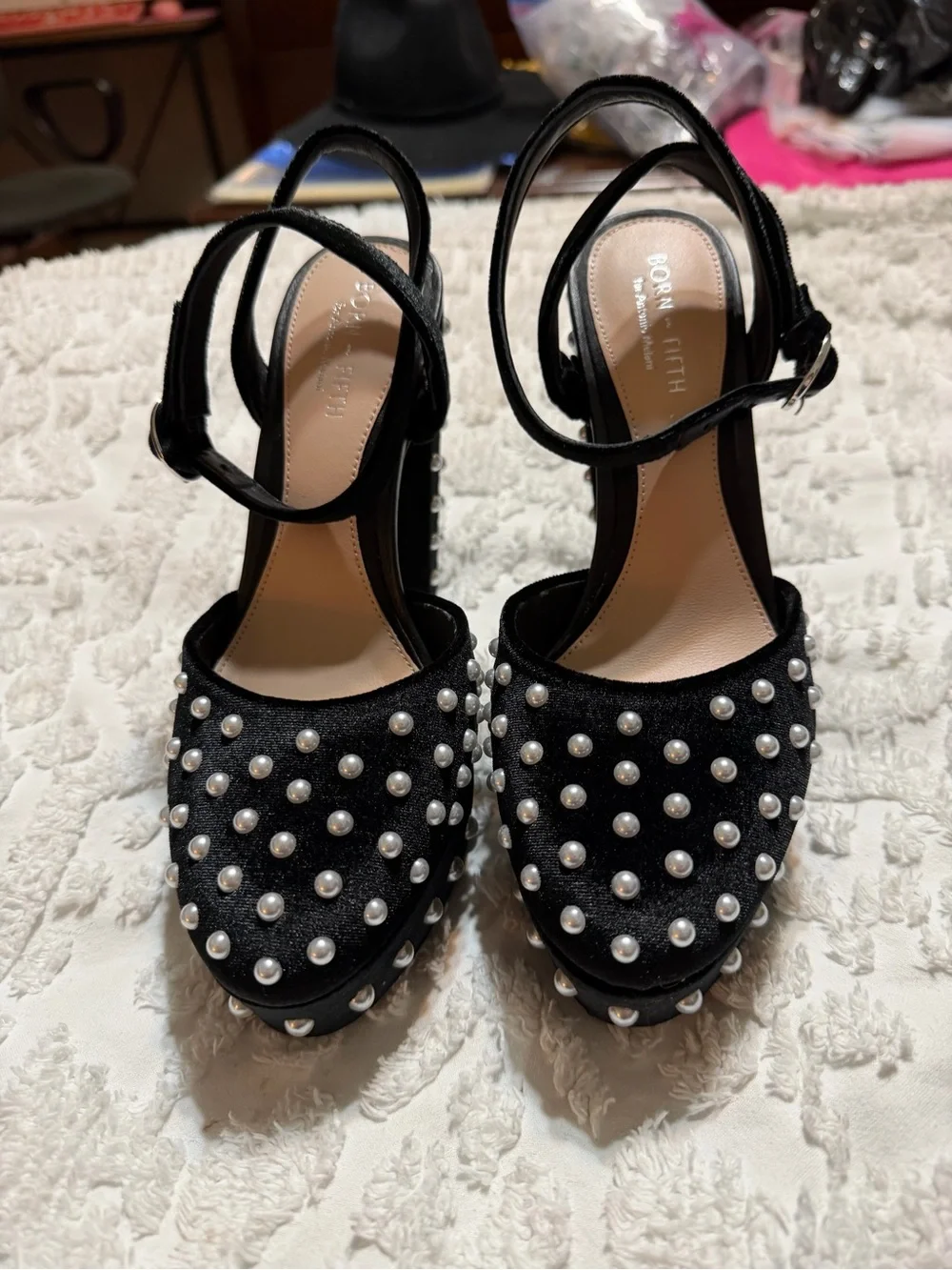 ANTONIO MELANI Black Pearl-Stud Platform Sandals